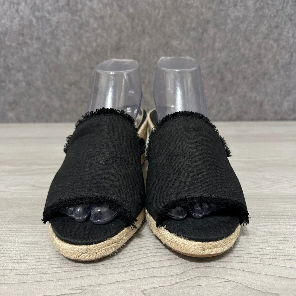 Lauren Ralph Lauren Carlynda Espadrille Wedge Women 11 Blk Linen Frayed Sandals